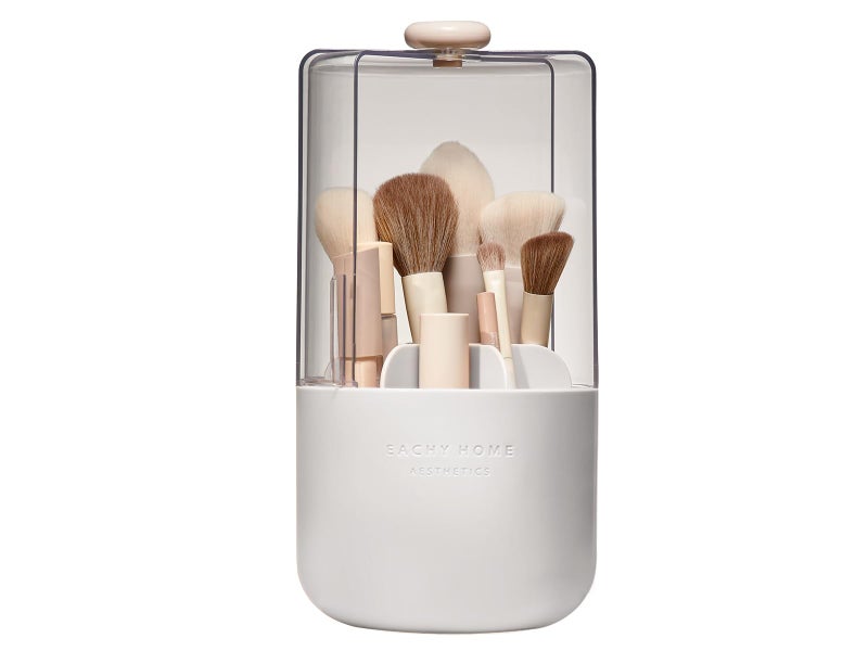 EACHY Makeup Brush Holder 360 Rotating with Dustproof Lid Waterproof Material 7 Compartments for Organized Storage Stylish and Durable Design for Vanity White
